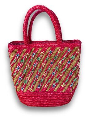 Handwoven Straw Tote Bag Pink Floral Embroidered Small Beach Summer Vacation Bag